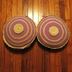 Vintage Hand Made Crocheted pillows violet & white 13" round